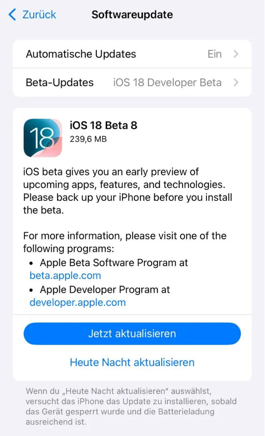 城厢苹果手机维修分享苹果 iOS / iPadOS 18 开发者预览版 Beta 8 发布 